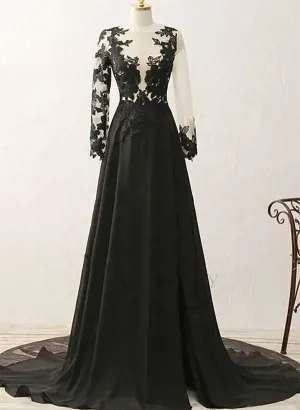 Black Long Sleeves Chiffon with Lace Evening Dress, Black A-line Party Dress with Leg Slit