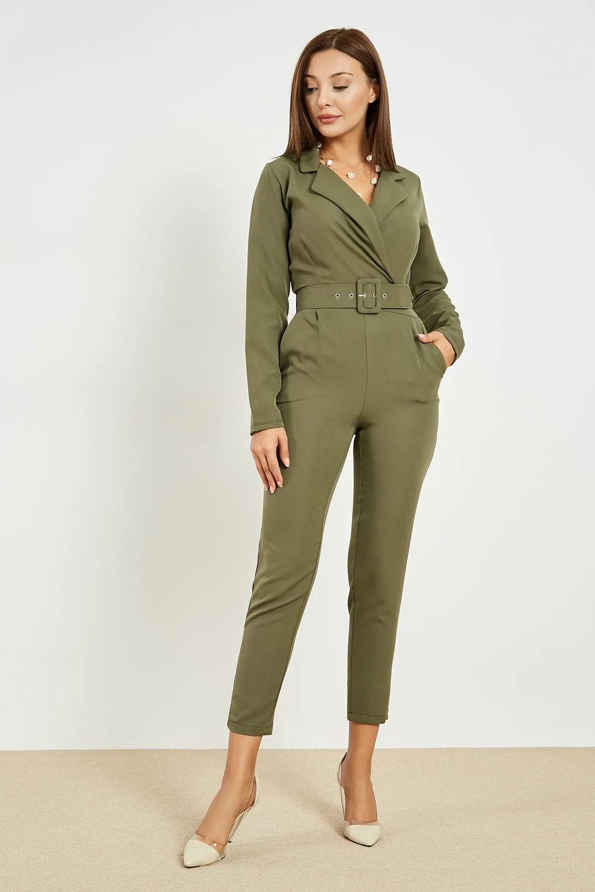 13727 Khaki Jacket Collar Belt Jumpsuit