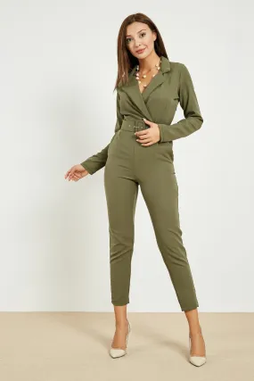 13727 Khaki Jacket Collar Belt Jumpsuit