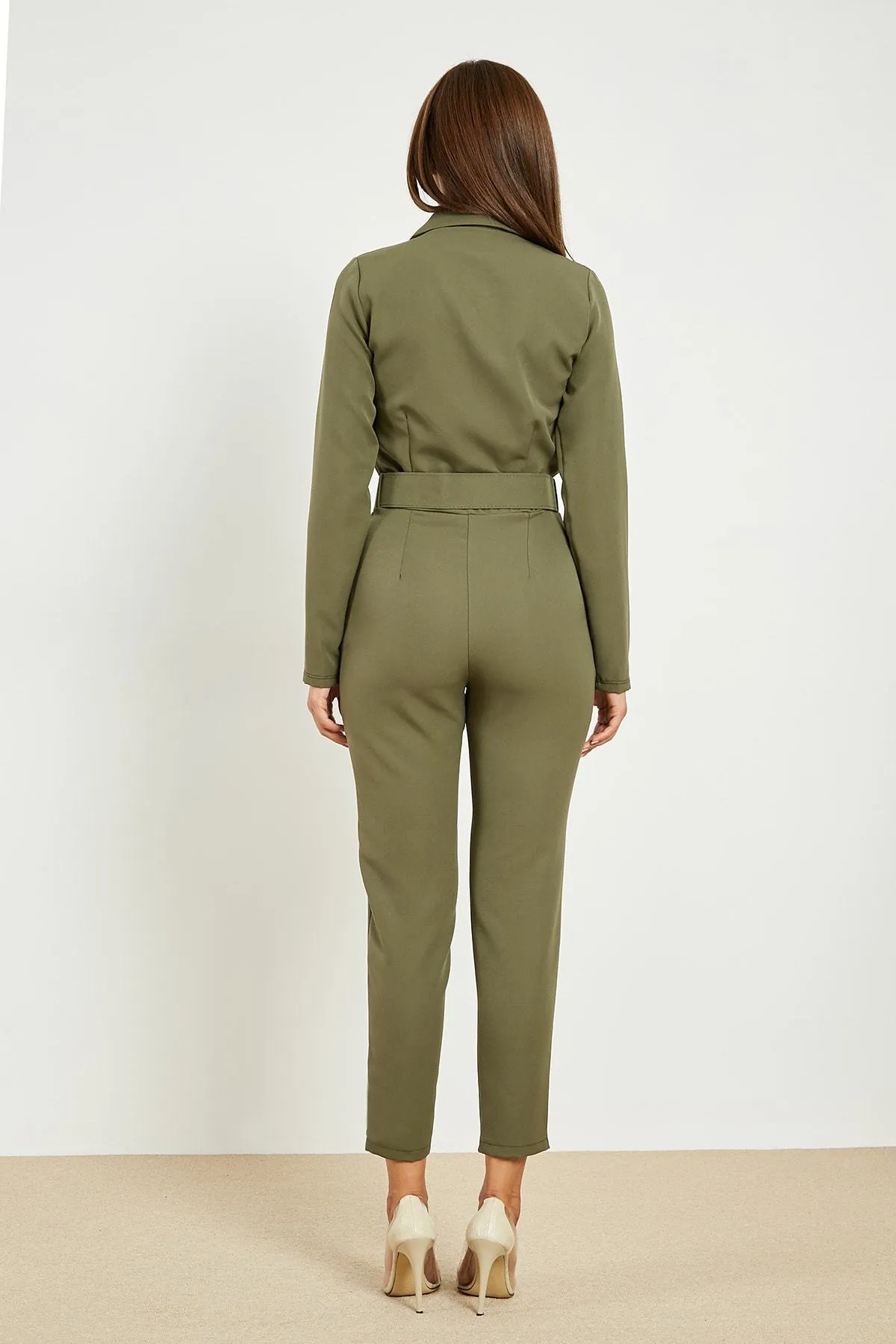 13727 Khaki Jacket Collar Belt Jumpsuit