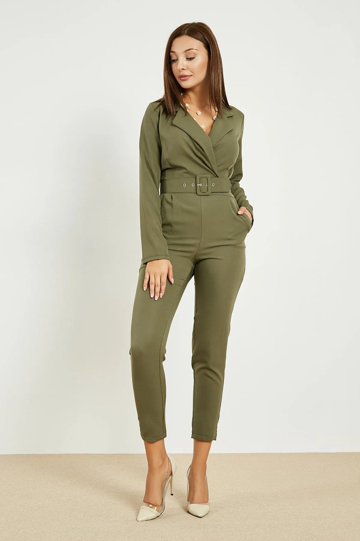 13727 Khaki Jacket Collar Belt Jumpsuit