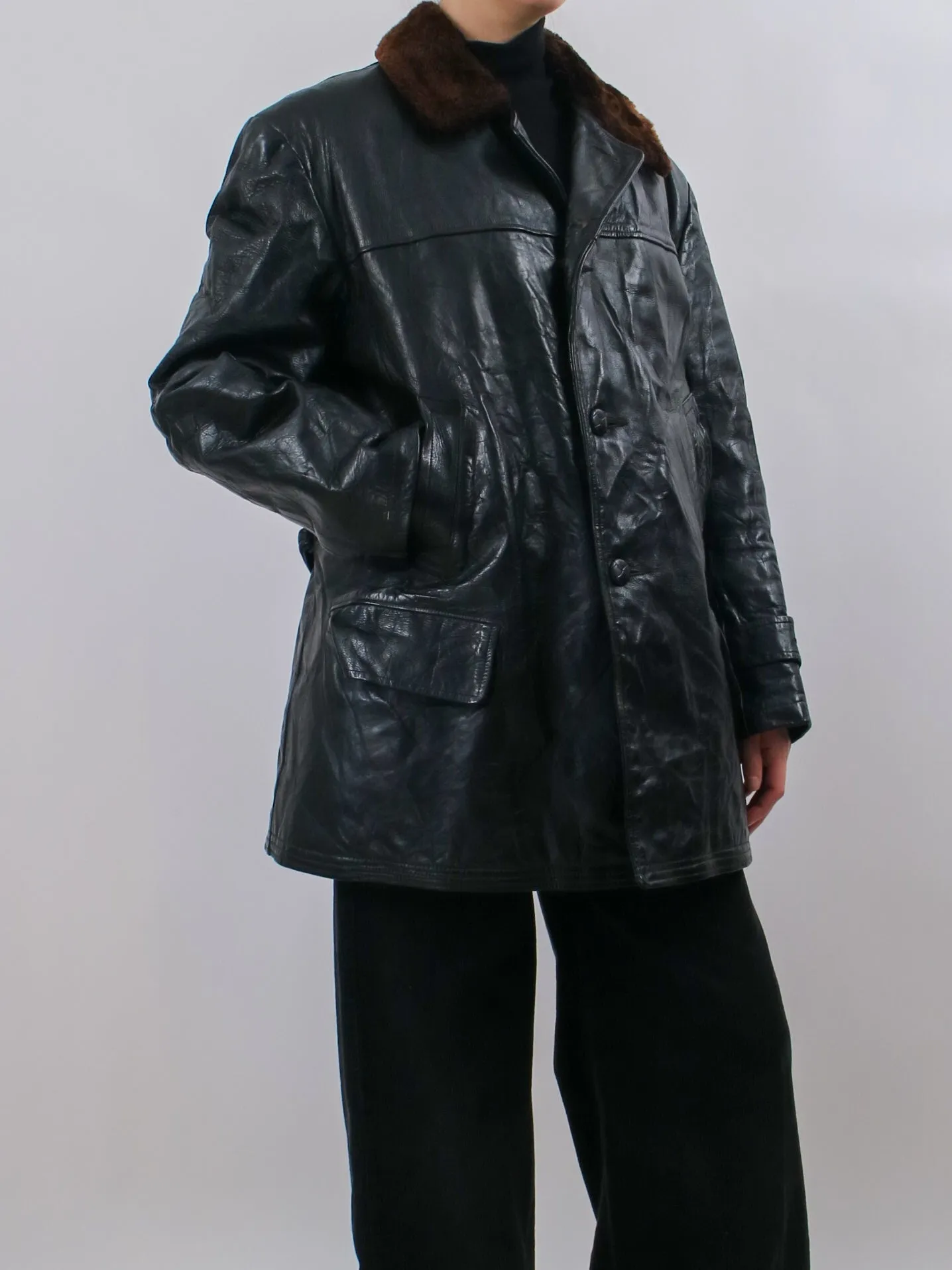 1960s Black Leather Coat with Fur Collar and Sheepskin Lining