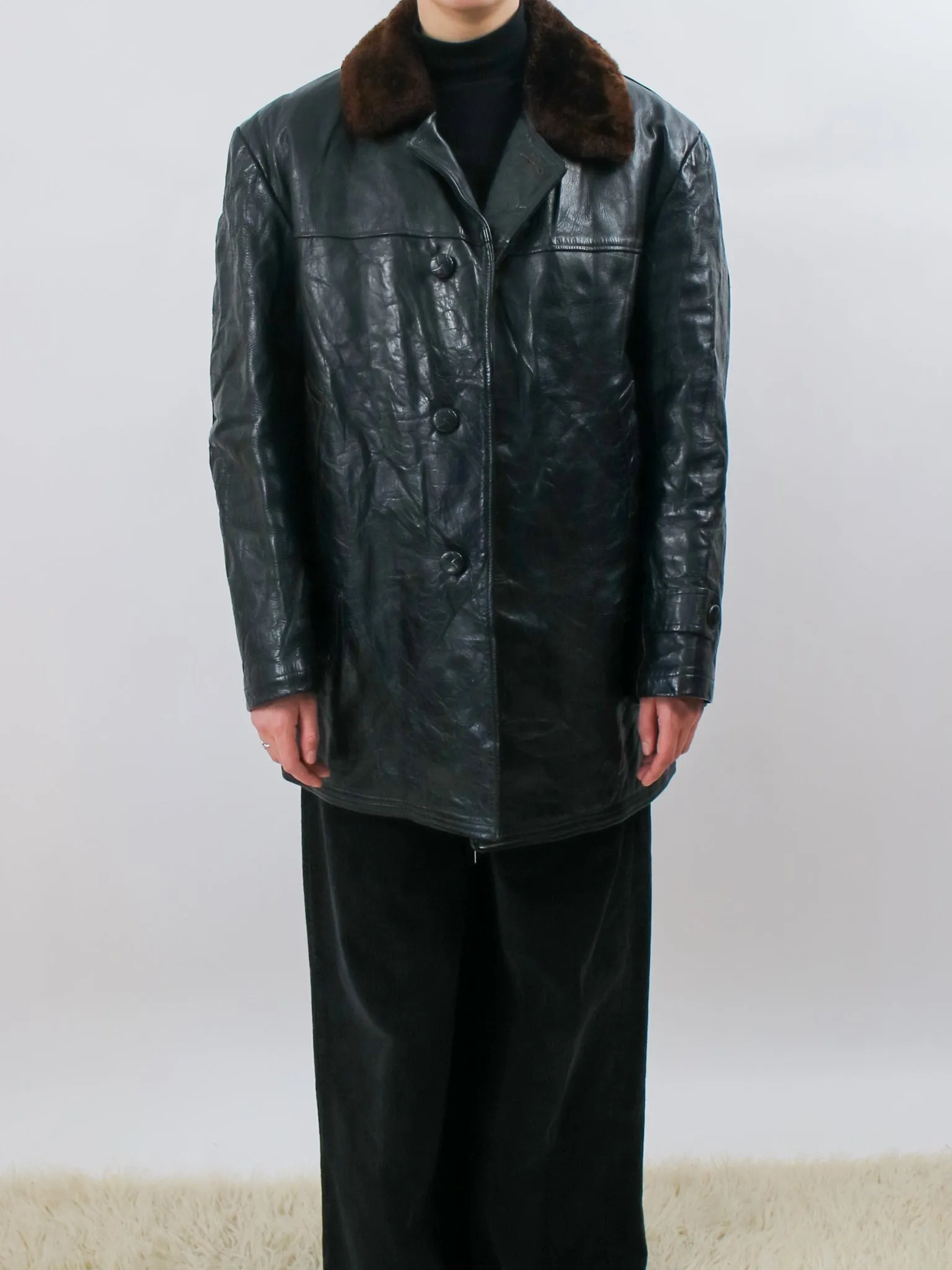 1960s Black Leather Coat with Fur Collar and Sheepskin Lining