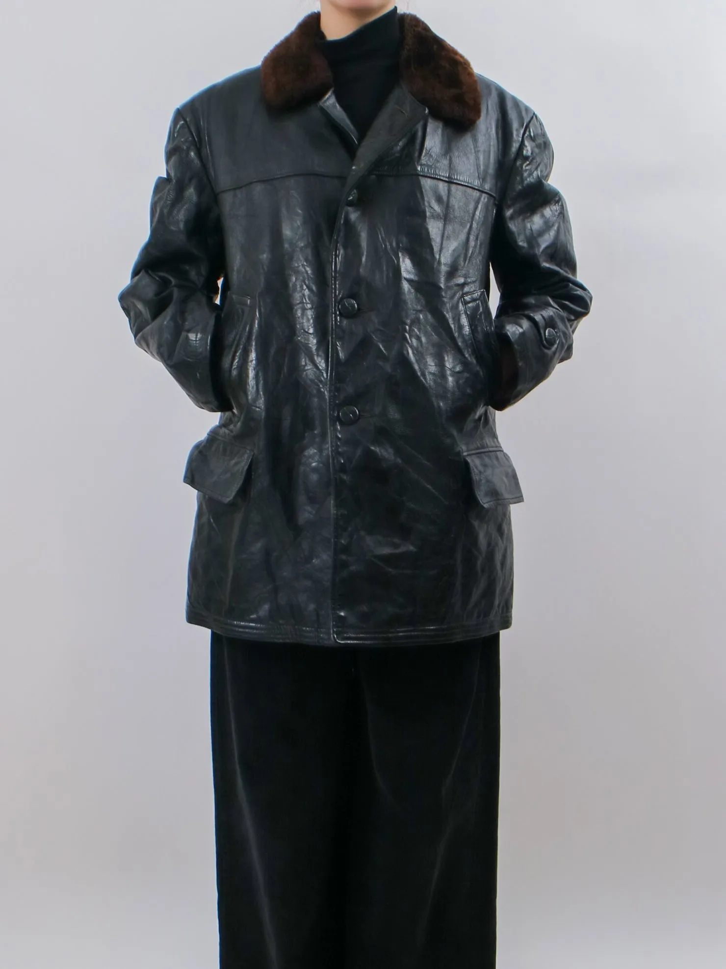 1960s Black Leather Coat with Fur Collar and Sheepskin Lining