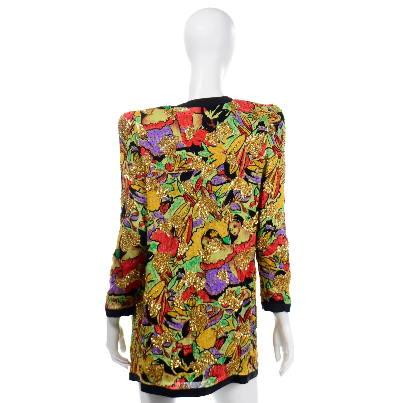 1980s Diane Freis Beaded Silk Open Front Jacket in Faces Novelty Print