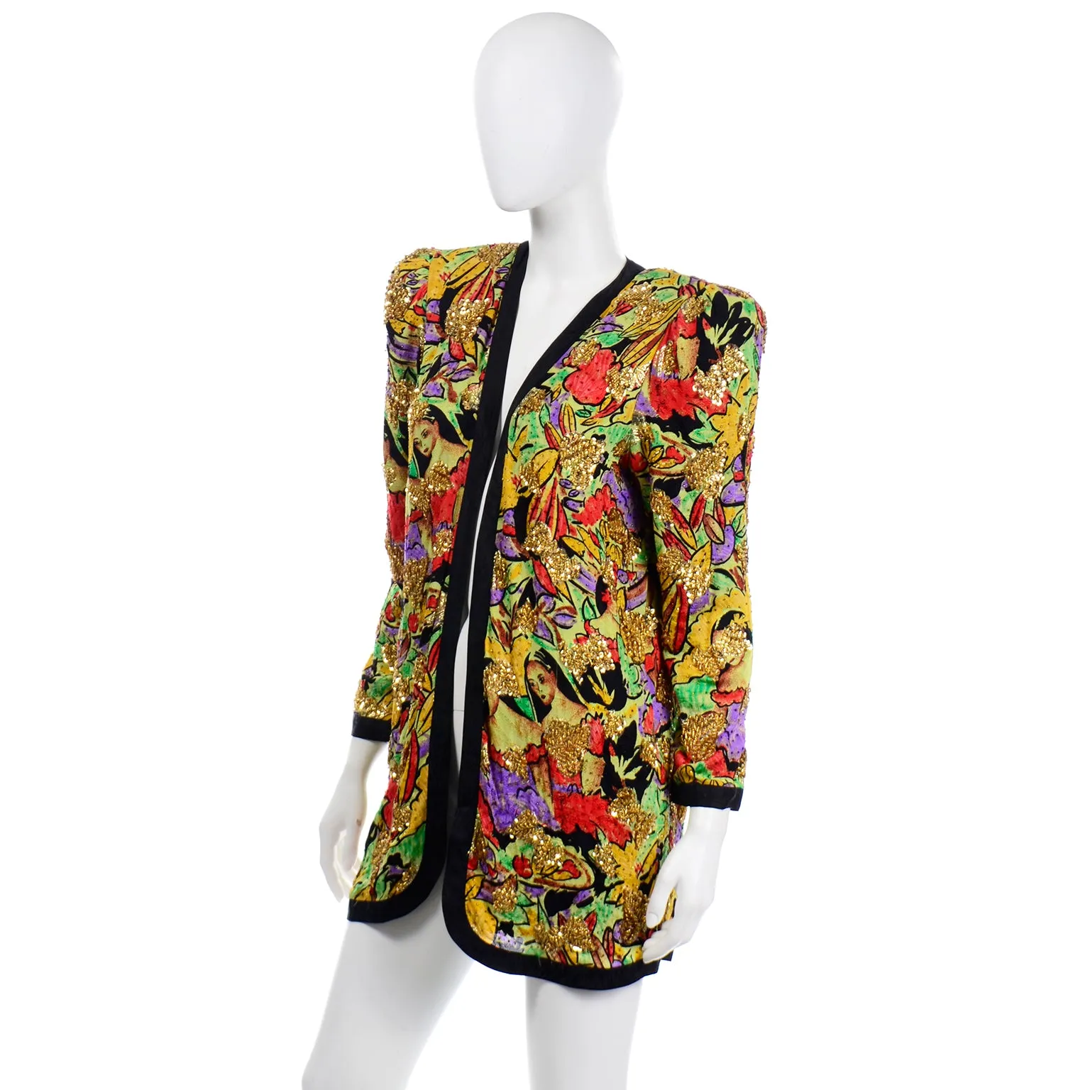 1980s Diane Freis Beaded Silk Open Front Jacket in Faces Novelty Print