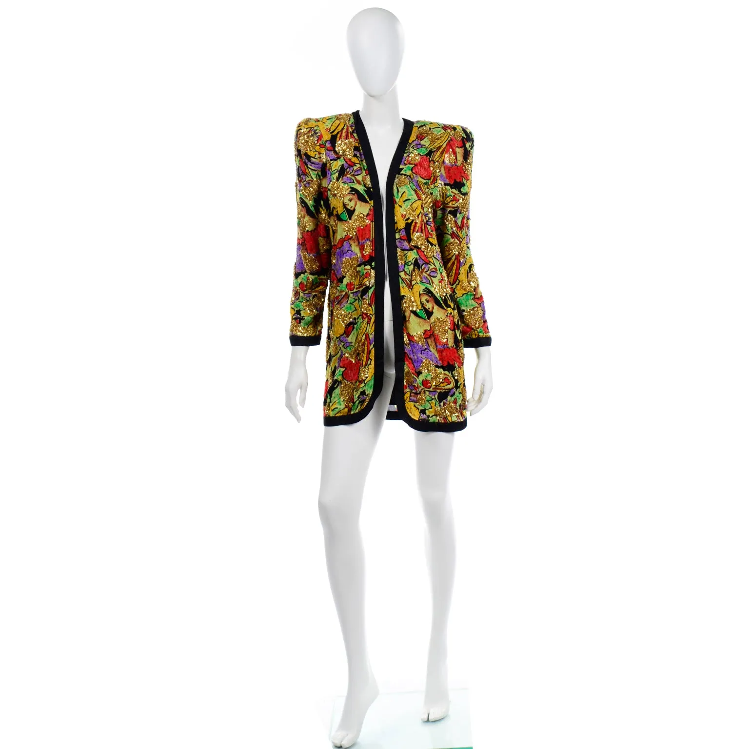 1980s Diane Freis Beaded Silk Open Front Jacket in Faces Novelty Print