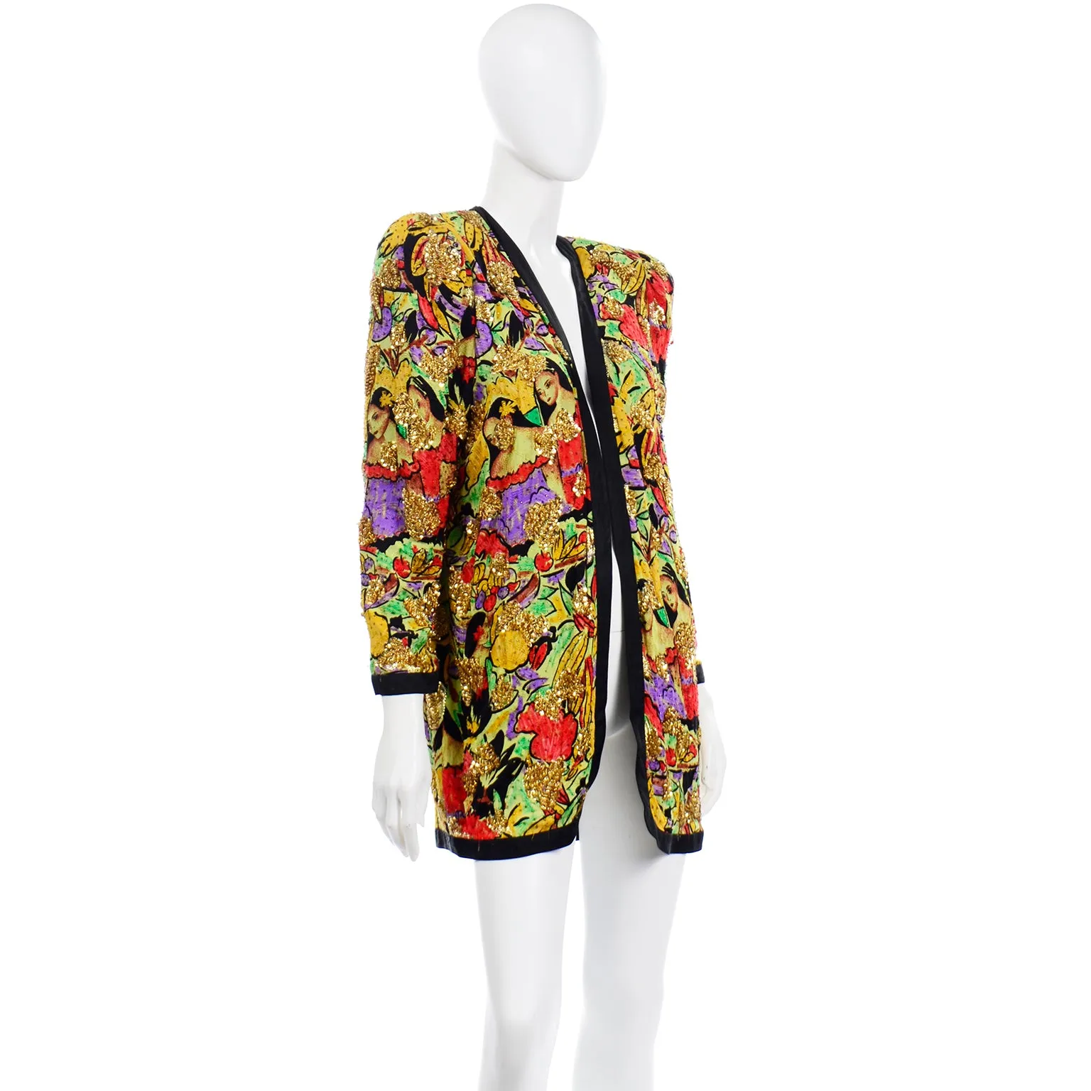 1980s Diane Freis Beaded Silk Open Front Jacket in Faces Novelty Print