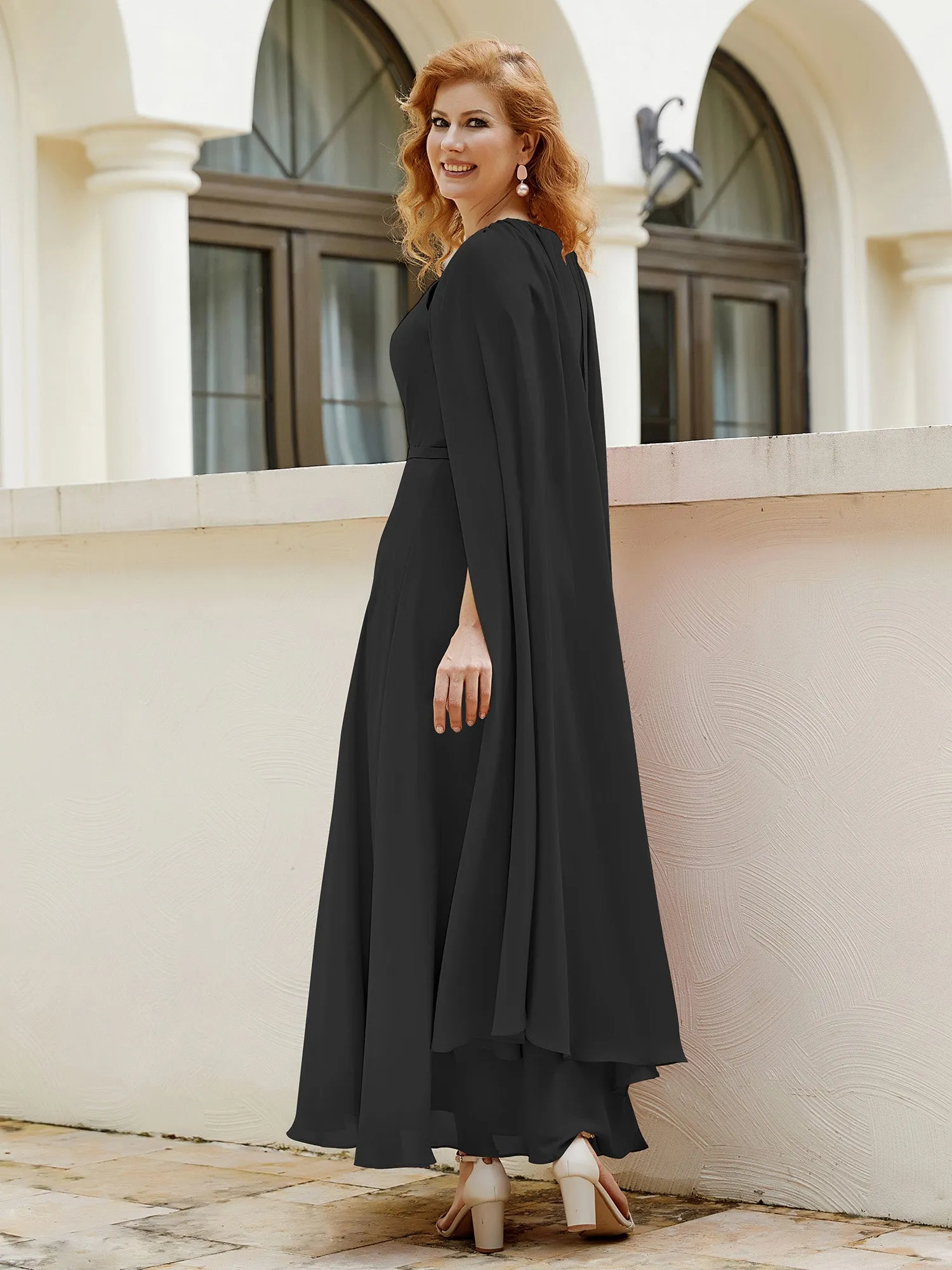 A-line Jewel-Neck Chiffon Dress With Long Cape-Black