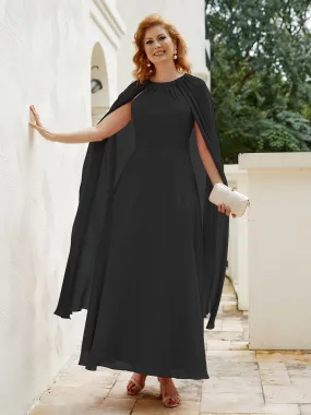 A-line Jewel-Neck Chiffon Dress With Long Cape-Black