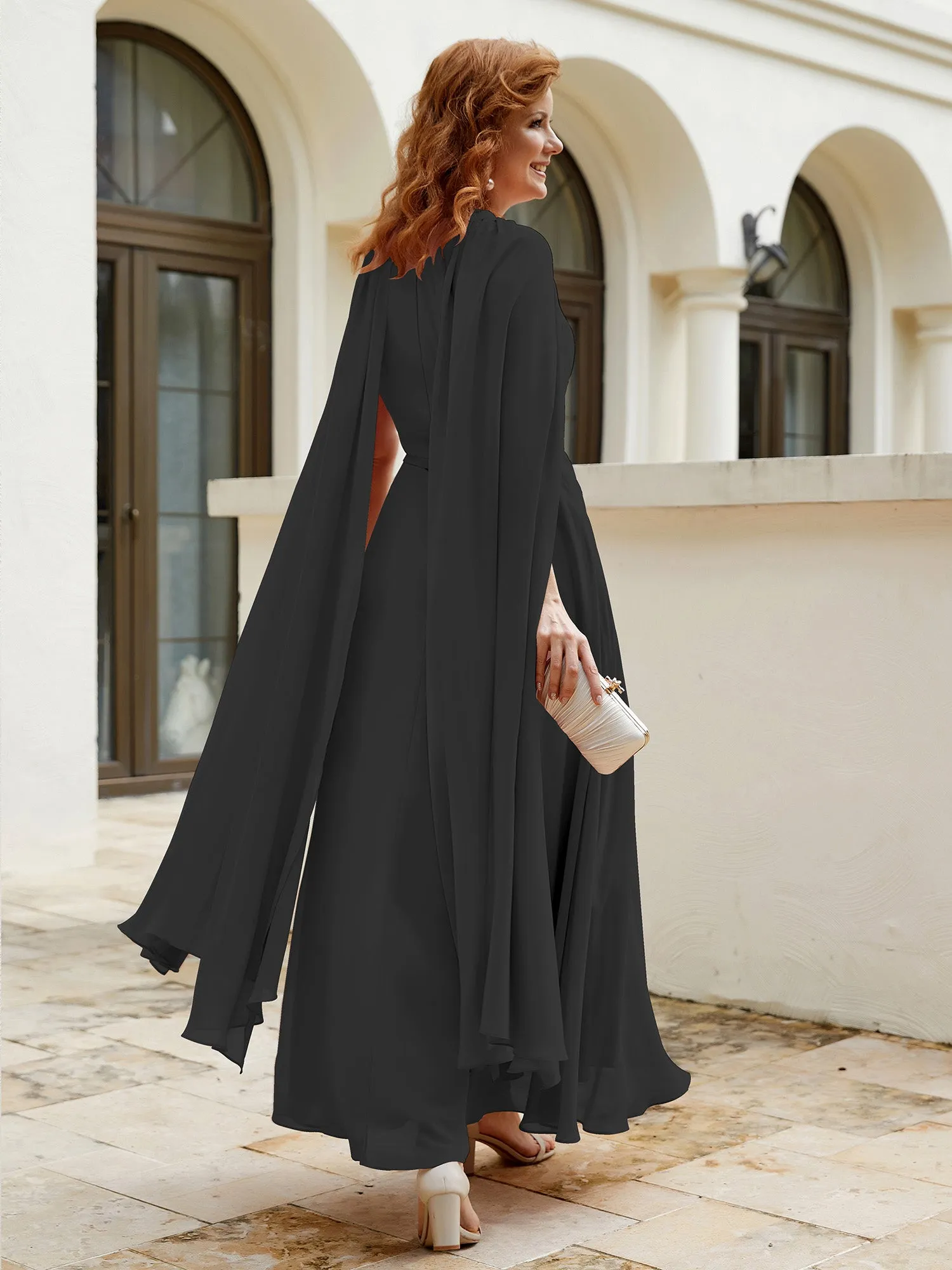 A-line Jewel-Neck Chiffon Dress With Long Cape-Black