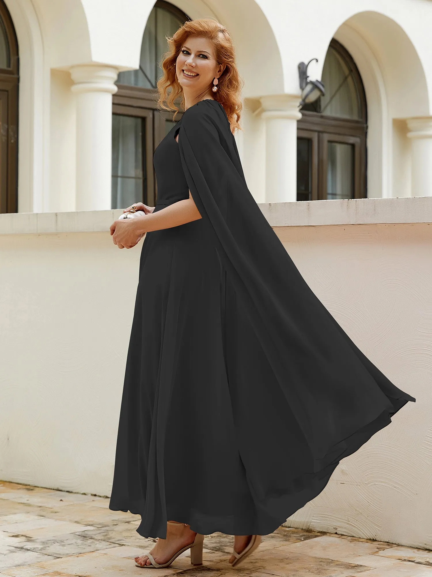 A-line Jewel-Neck Chiffon Dress With Long Cape-Black