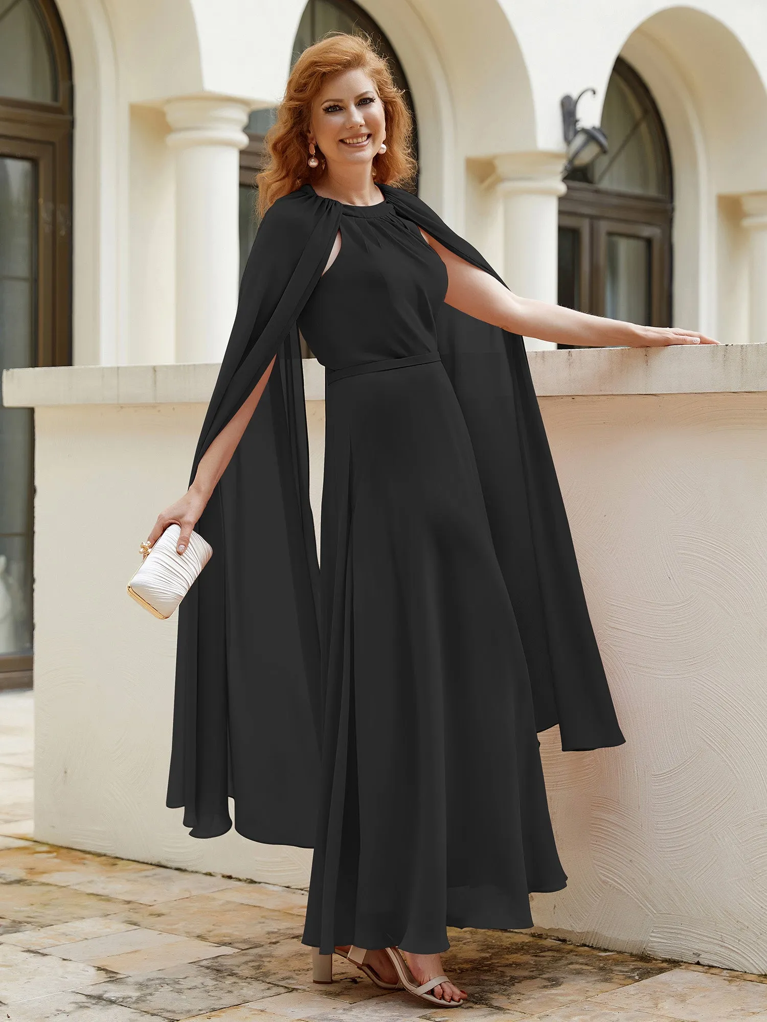 A-line Jewel-Neck Chiffon Dress With Long Cape-Black