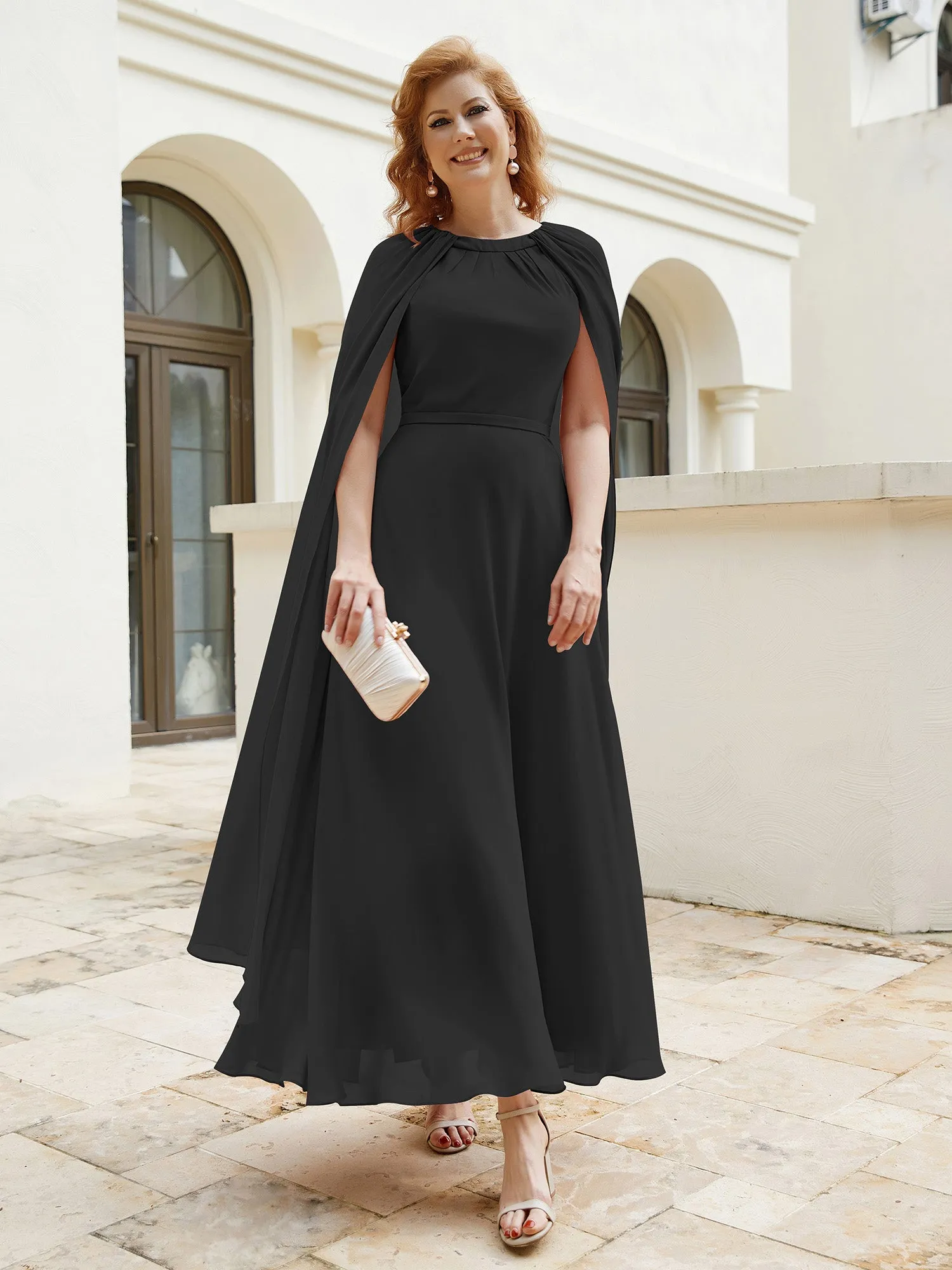 A-line Jewel-Neck Chiffon Dress With Long Cape-Black