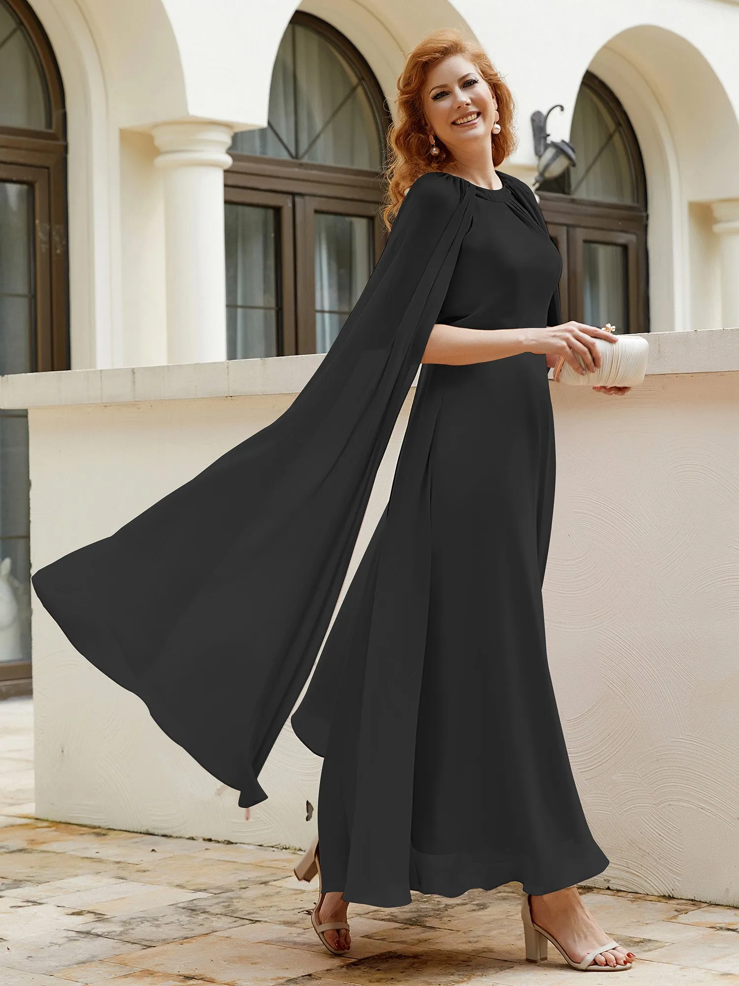 A-line Jewel-Neck Chiffon Dress With Long Cape-Black