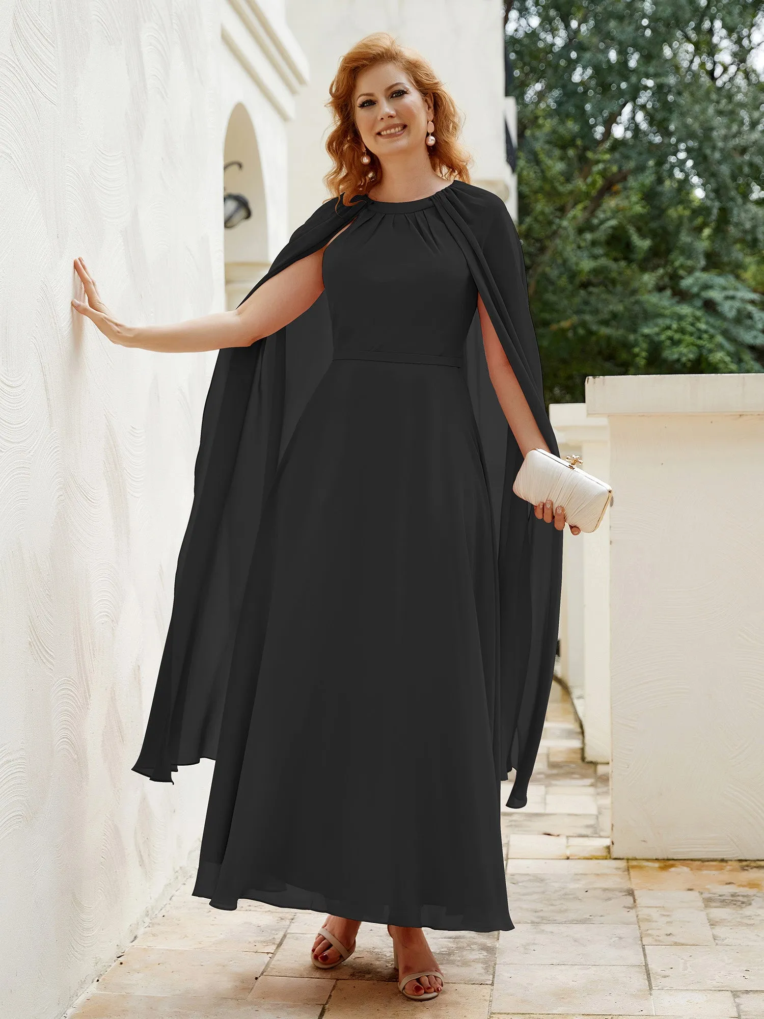 A-line Jewel-Neck Chiffon Dress With Long Cape-Black