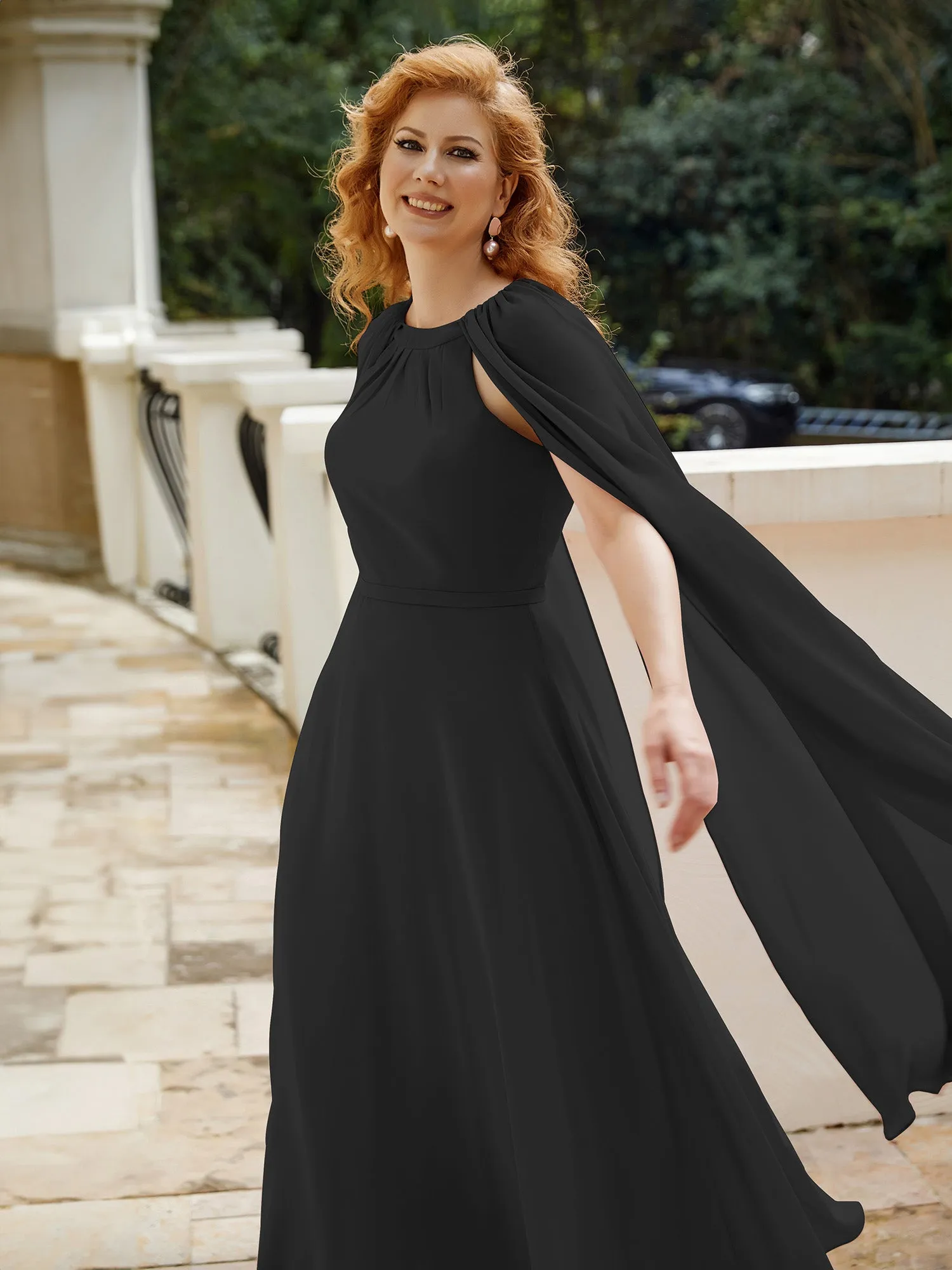 A-line Jewel-Neck Chiffon Dress With Long Cape-Black