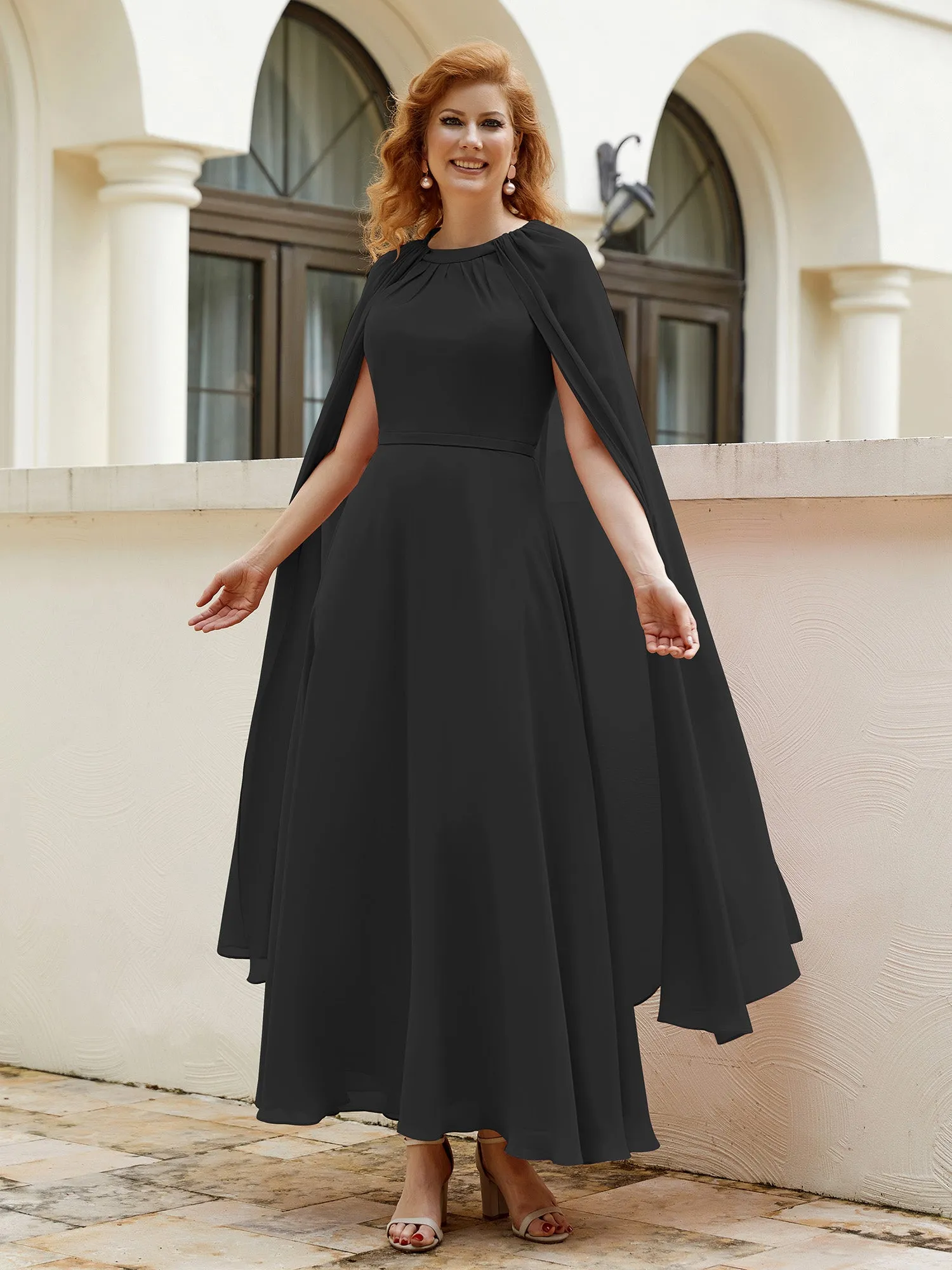 A-line Jewel-Neck Chiffon Dress With Long Cape-Black