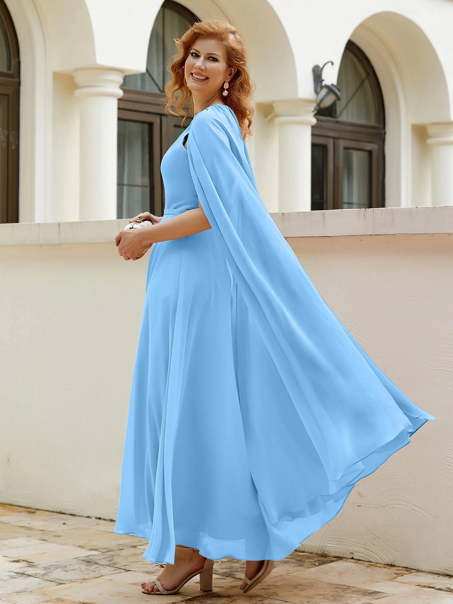 A-line Jewel-Neck Chiffon Dress With Long Cape-Blue