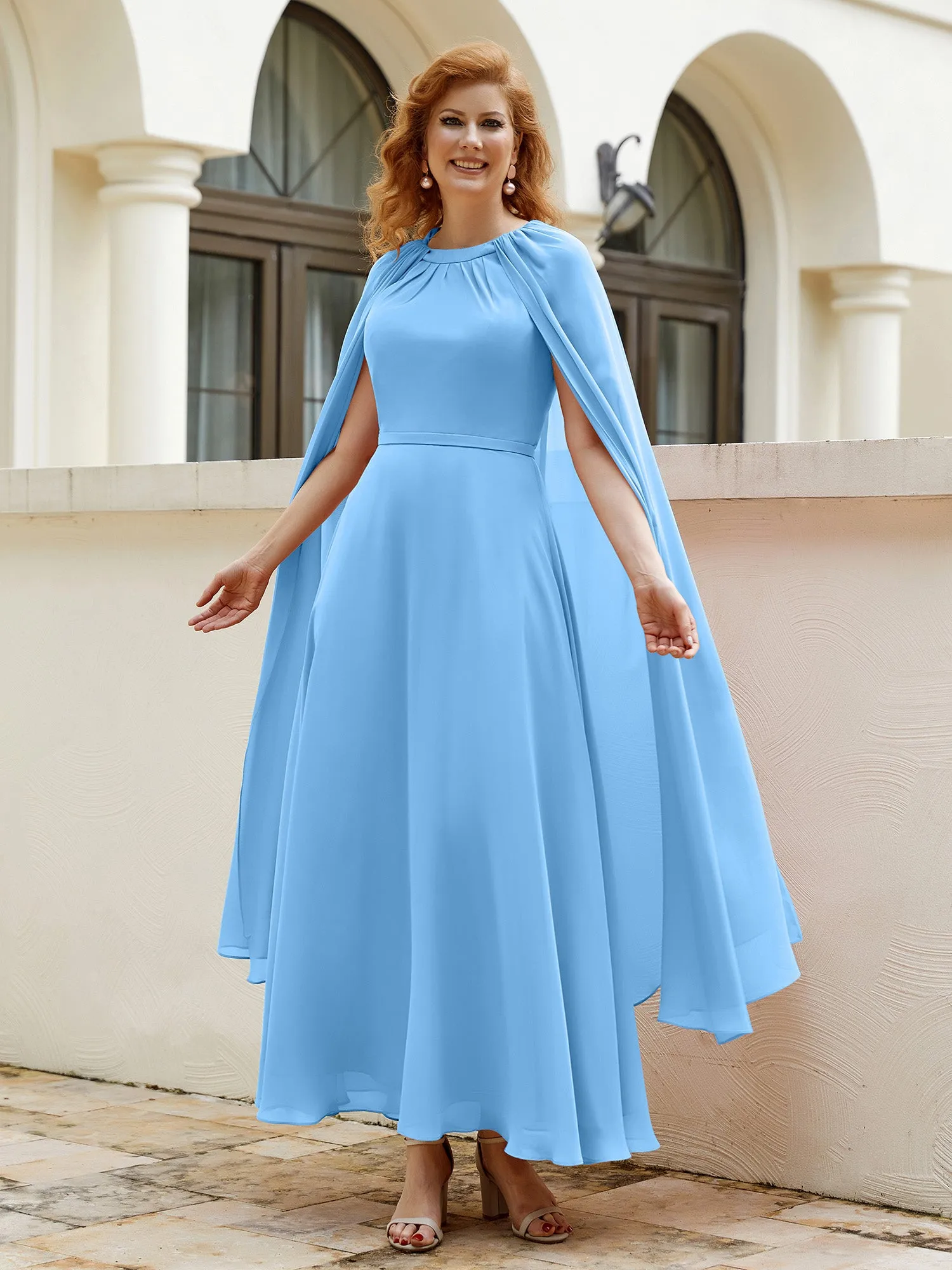 A-line Jewel-Neck Chiffon Dress With Long Cape-Blue