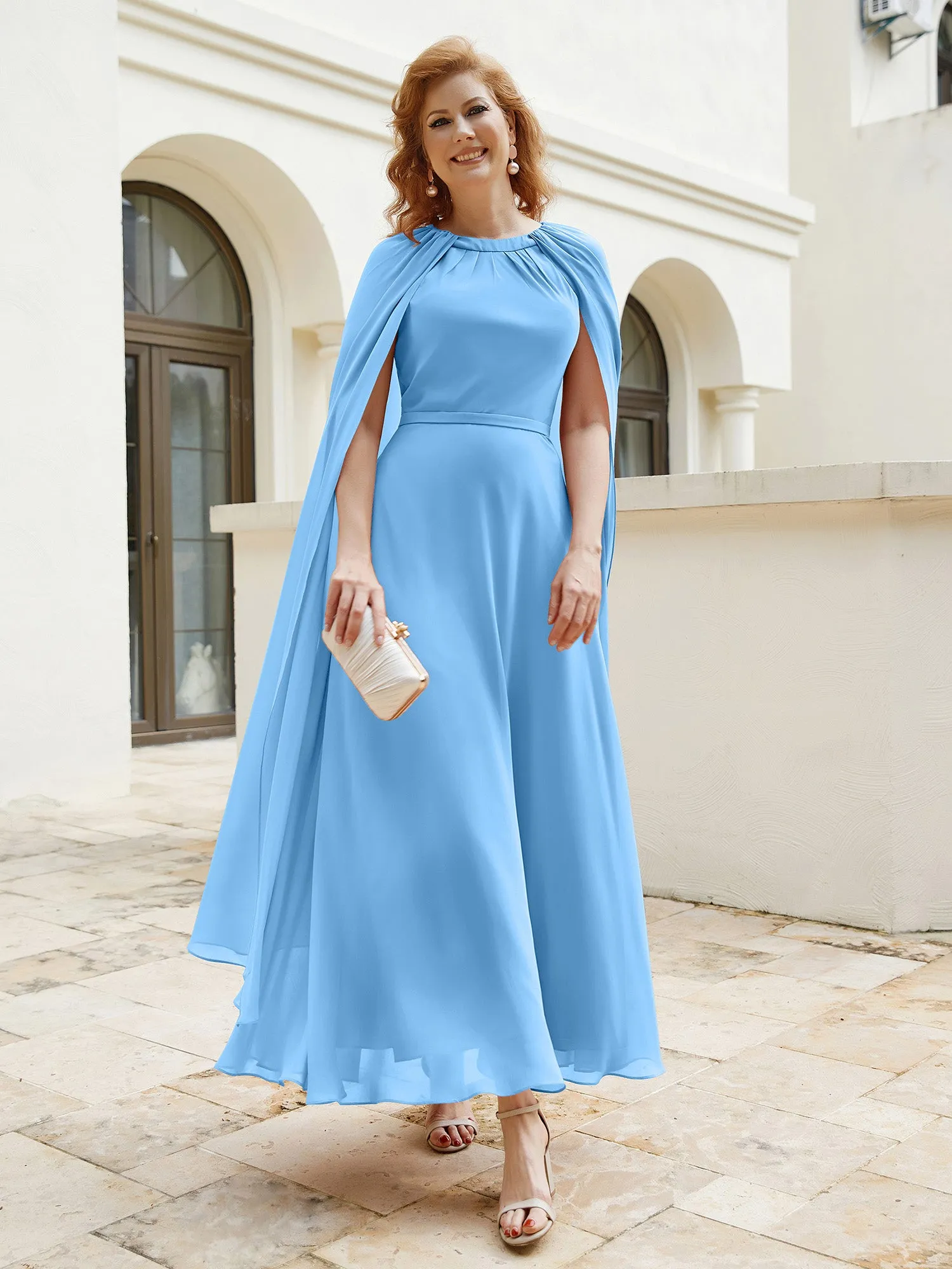 A-line Jewel-Neck Chiffon Dress With Long Cape-Blue