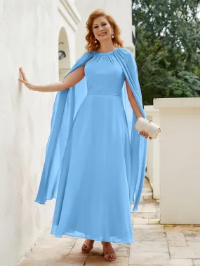 A-line Jewel-Neck Chiffon Dress With Long Cape-Blue