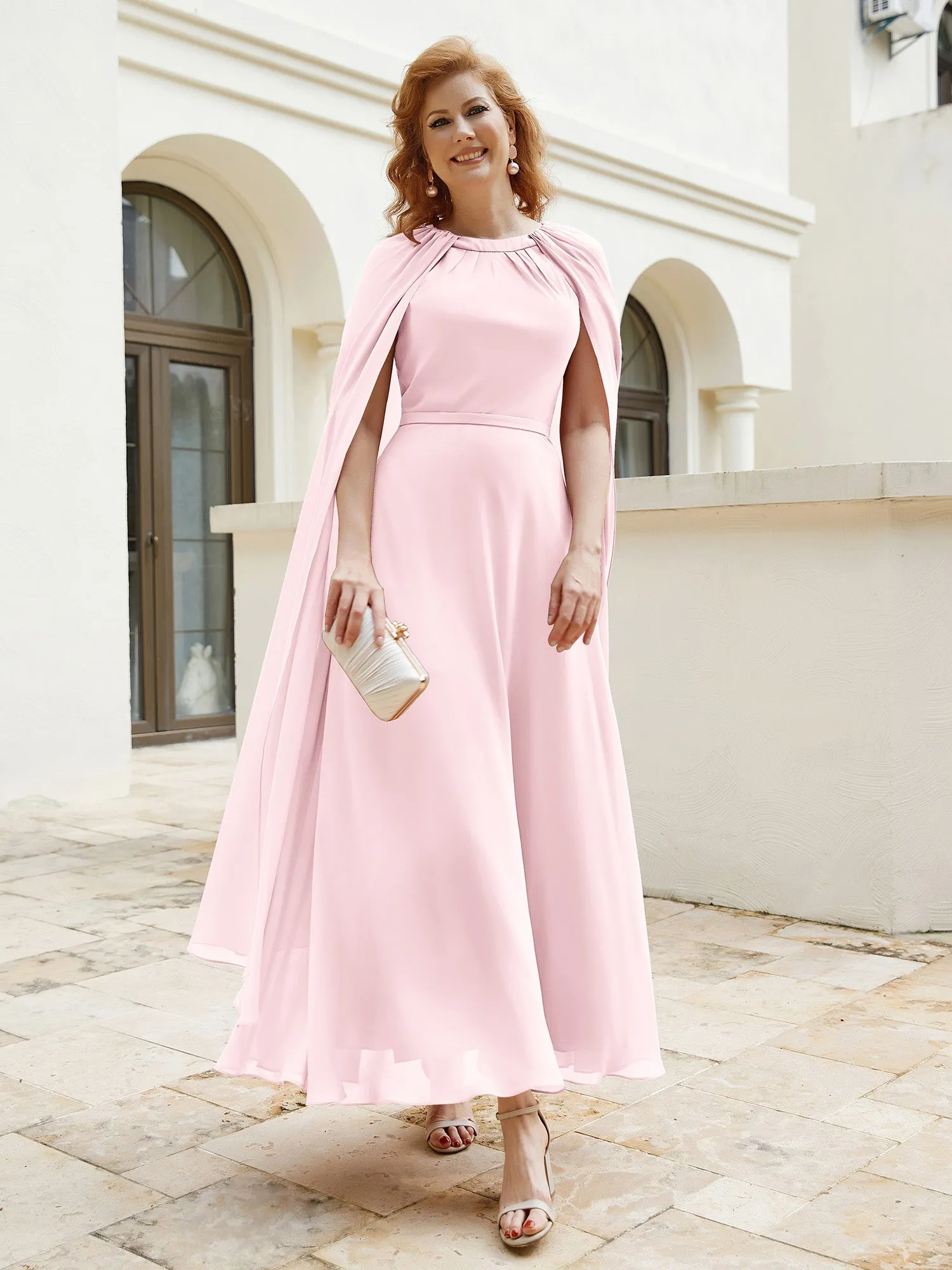 A-line Jewel-Neck Chiffon Dress With Long Cape-Blushing Pink