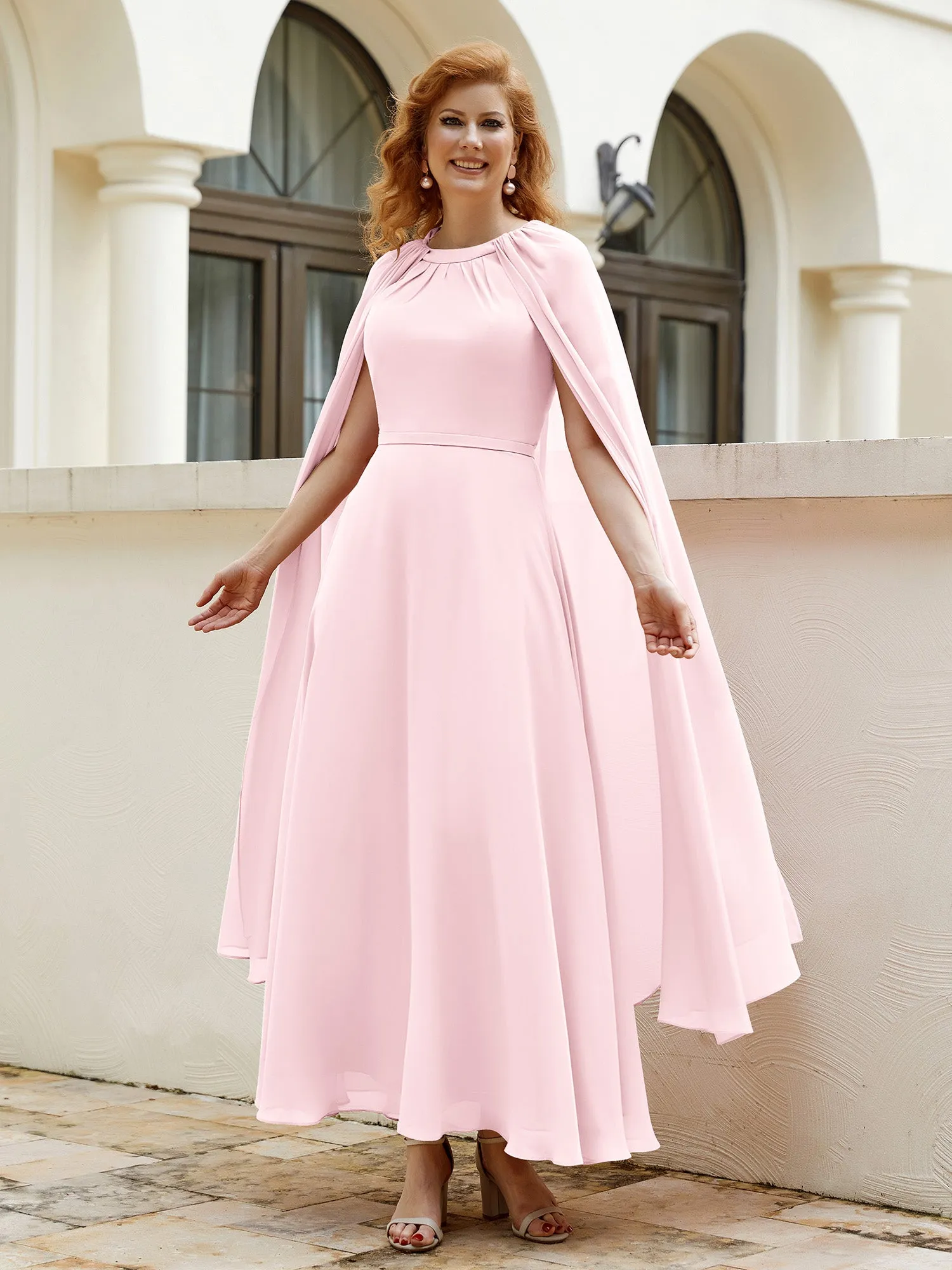 A-line Jewel-Neck Chiffon Dress With Long Cape-Blushing Pink