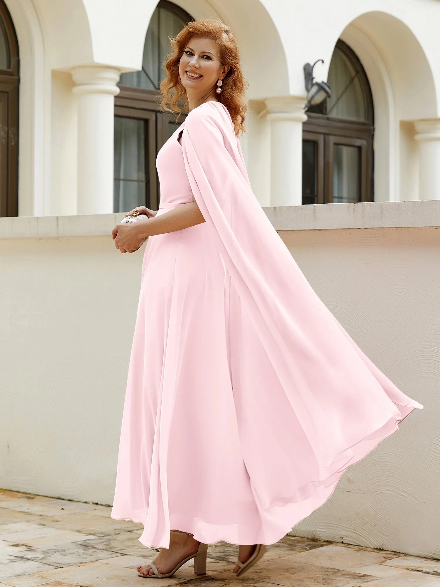 A-line Jewel-Neck Chiffon Dress With Long Cape-Blushing Pink