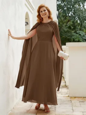 A-line Jewel-Neck Chiffon Dress With Long Cape-Brown