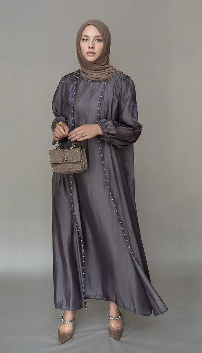 Abril Faux Pearl Abaya - Organza-Like Slip Dress & Detachable Belt Set for Ramadan & Eid