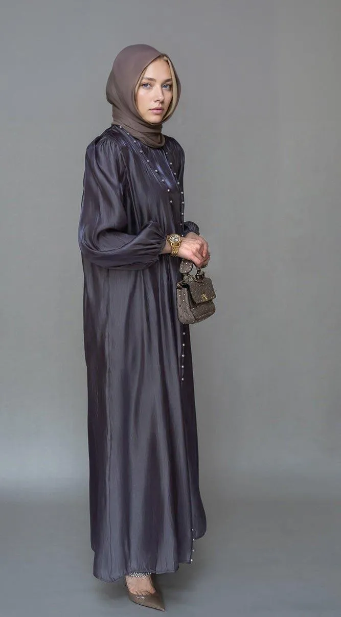 Abril Faux Pearl Abaya - Organza-Like Slip Dress & Detachable Belt Set for Ramadan & Eid