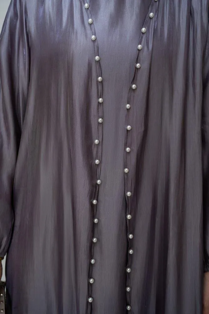 Abril Faux Pearl Abaya - Organza-Like Slip Dress & Detachable Belt Set for Ramadan & Eid