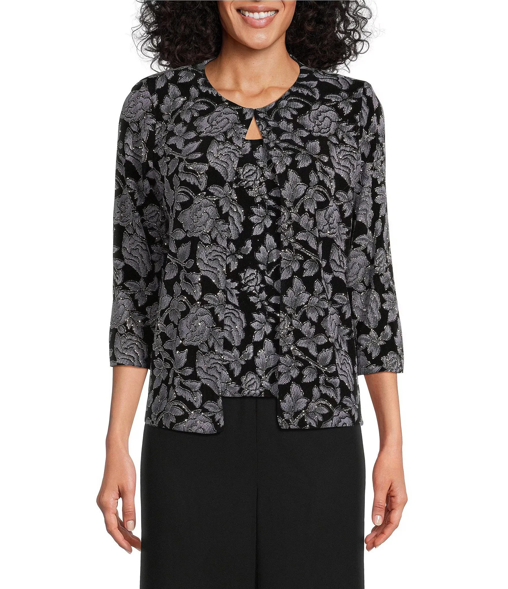 Alex Evenings 3/4 Sleeve Mandarin Collar Scoop Neck Floral 2-Piece Twinset (Petite)