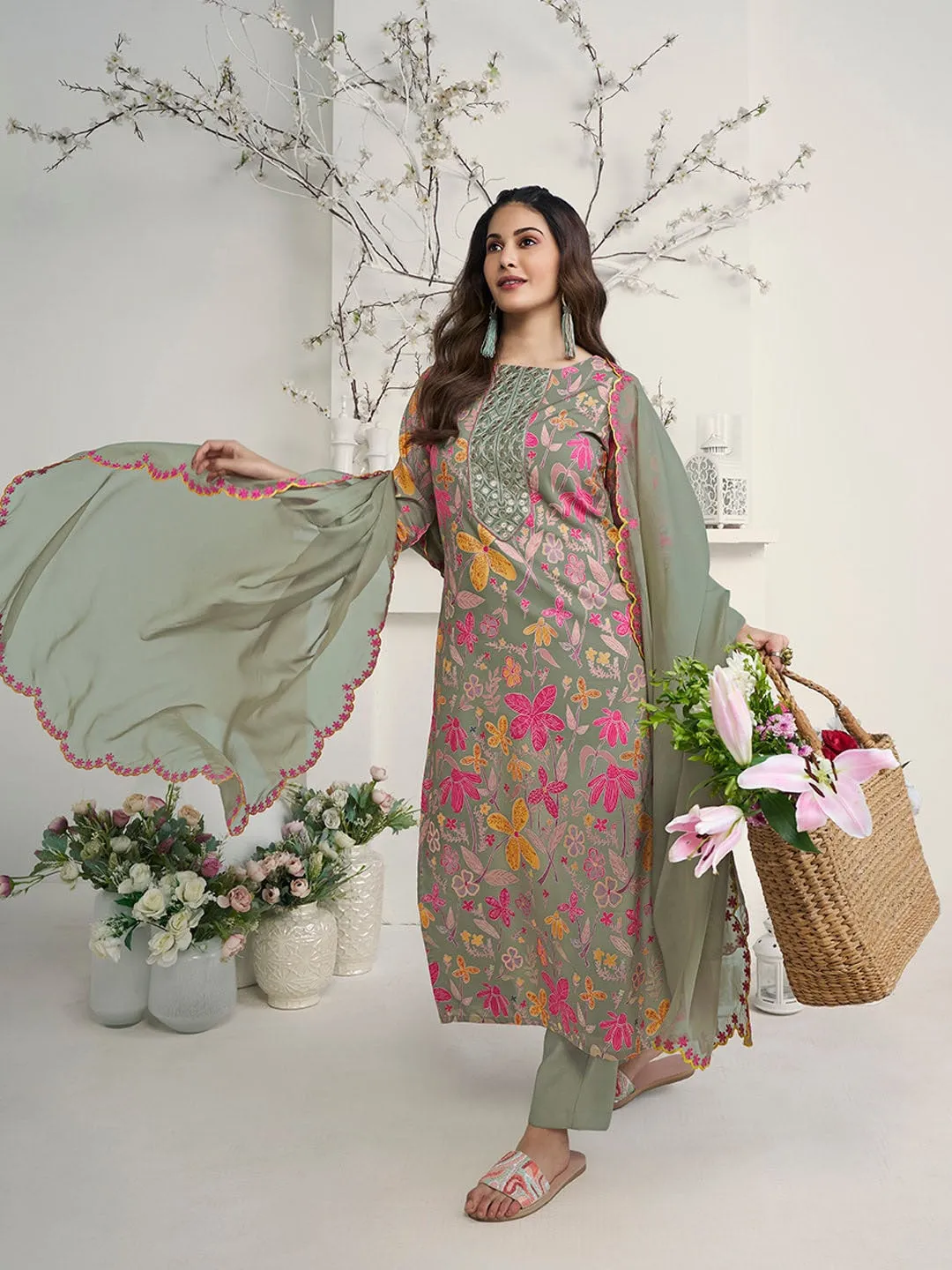 Amyra Dastur Green Floral Printed Thread Work Straight Kurta With Trousers & Dupatta