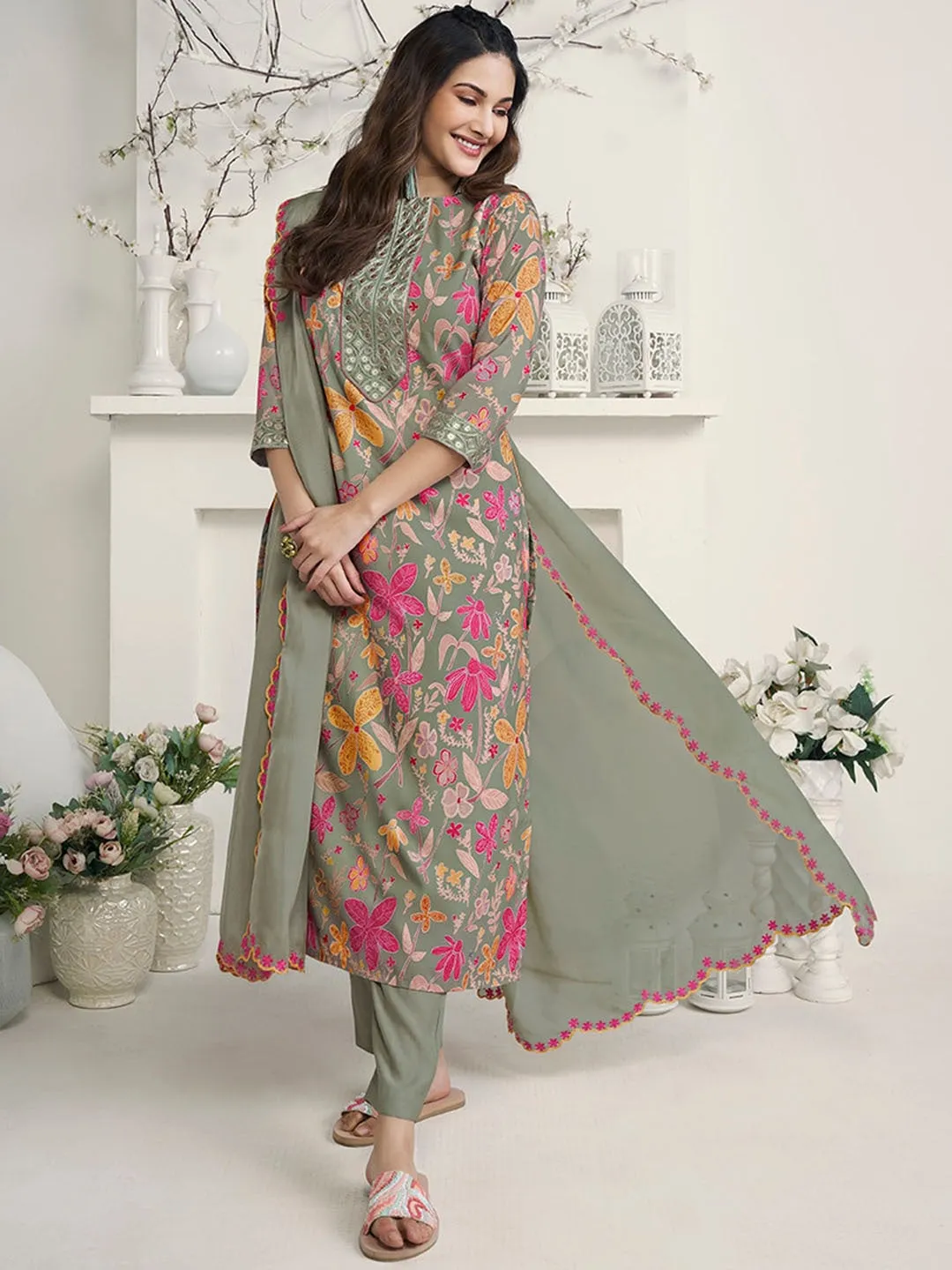 Amyra Dastur Green Floral Printed Thread Work Straight Kurta With Trousers & Dupatta