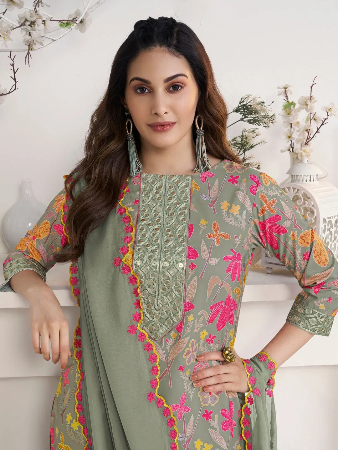 Amyra Dastur Green Floral Printed Thread Work Straight Kurta With Trousers & Dupatta