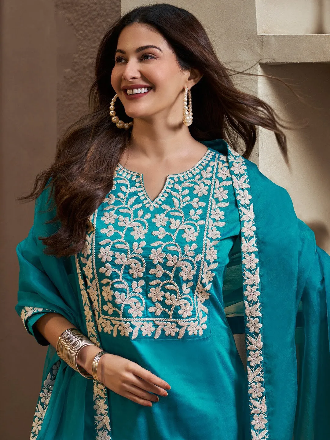 Amyra Dastur Turquoise Floral Yoke Design Thread Work Pure Silk Straight Kurta with Trousers & Dupatta