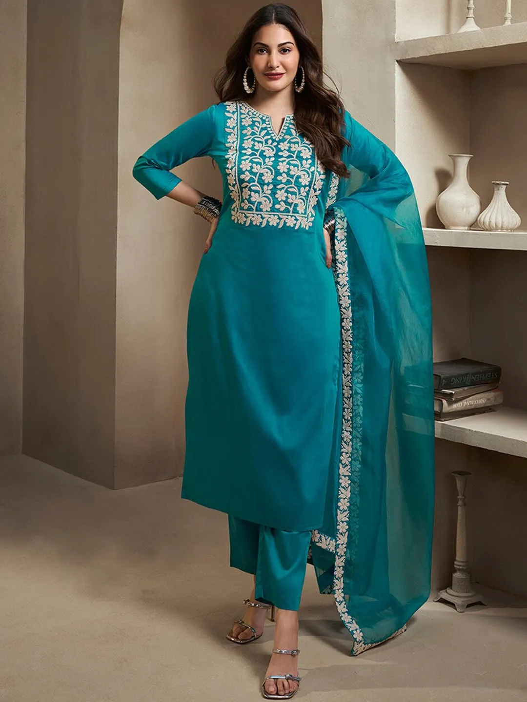 Amyra Dastur Turquoise Floral Yoke Design Thread Work Pure Silk Straight Kurta with Trousers & Dupatta