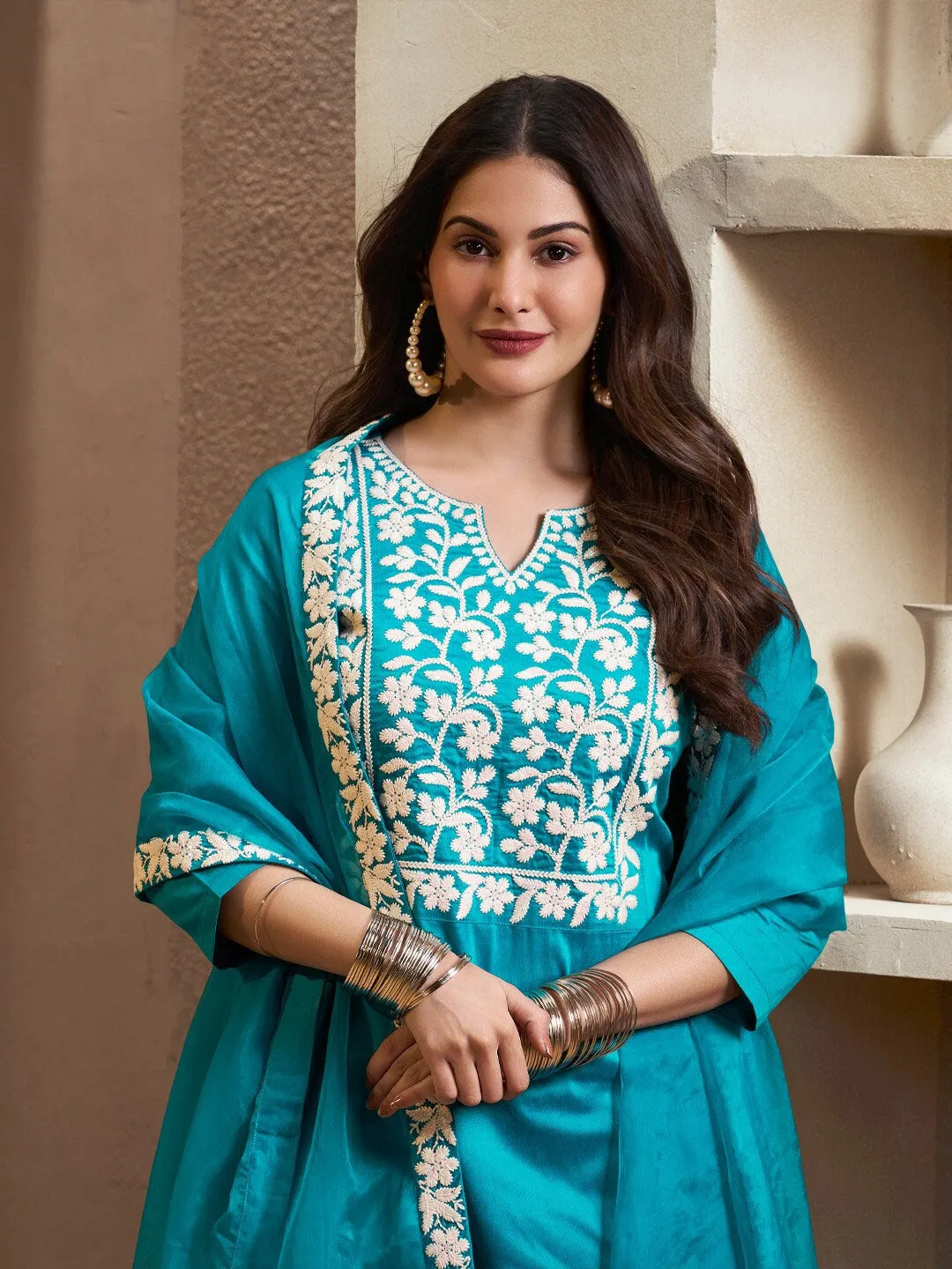 Amyra Dastur Turquoise Floral Yoke Design Thread Work Pure Silk Straight Kurta with Trousers & Dupatta