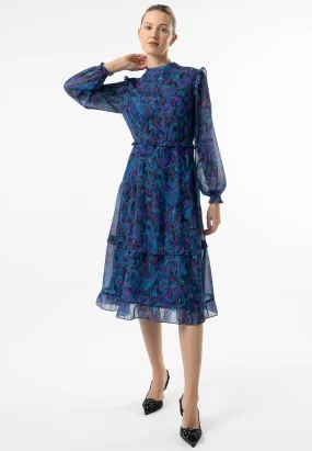 Angeleye High Neck Ruffle Detail Midi Dress In Blue Paisley