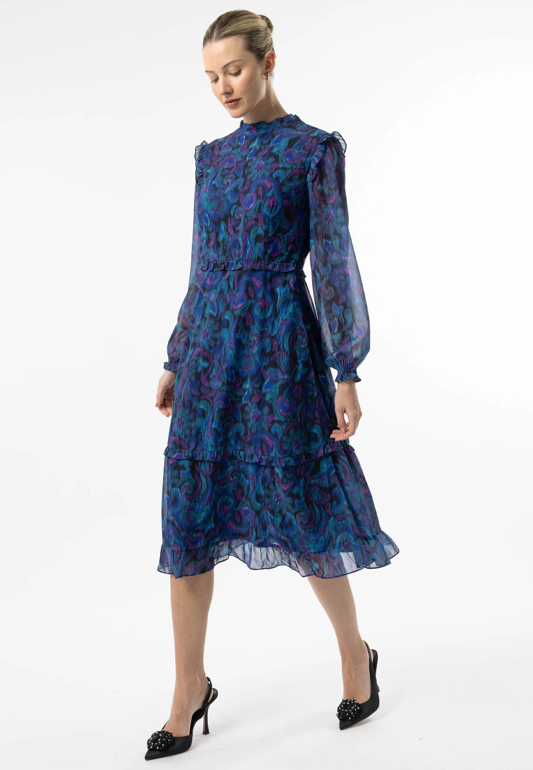 Angeleye High Neck Ruffle Detail Midi Dress In Blue Paisley