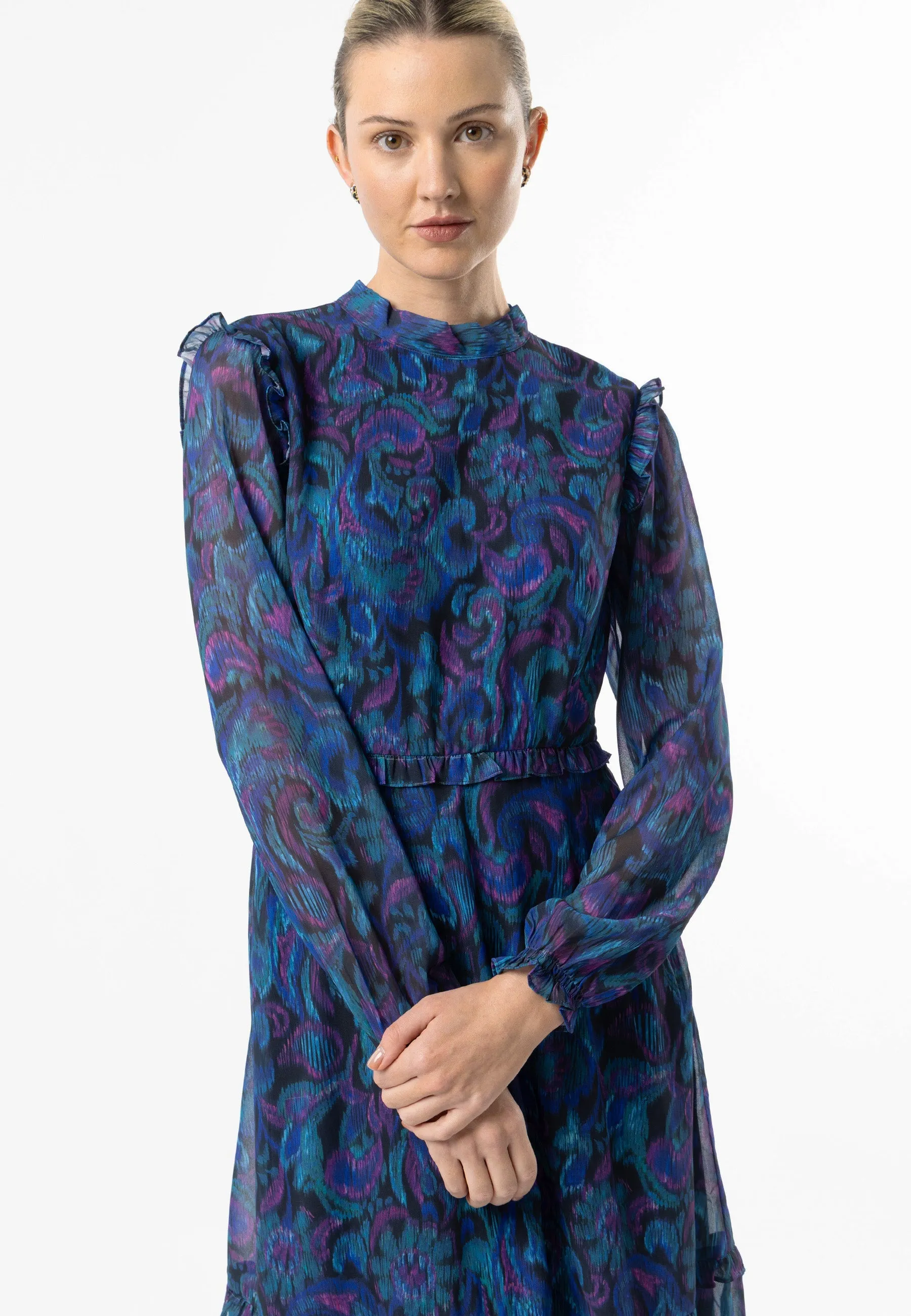 Angeleye High Neck Ruffle Detail Midi Dress In Blue Paisley