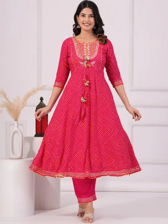 Bandhani Printed Anarkali Kurta With Trousers & Dupatta