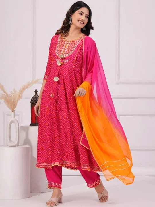 Bandhani Printed Anarkali Kurta With Trousers & Dupatta