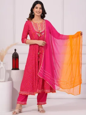 Bandhani Printed Anarkali Kurta With Trousers & Dupatta