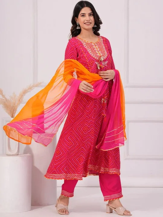 Bandhani Printed Anarkali Kurta With Trousers & Dupatta