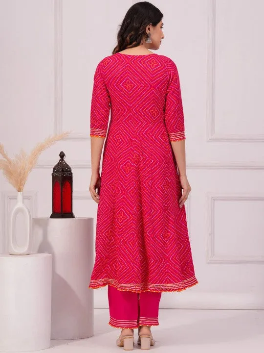 Bandhani Printed Anarkali Kurta With Trousers & Dupatta