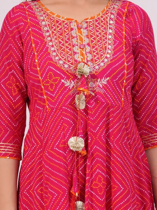 Bandhani Printed Anarkali Kurta With Trousers & Dupatta