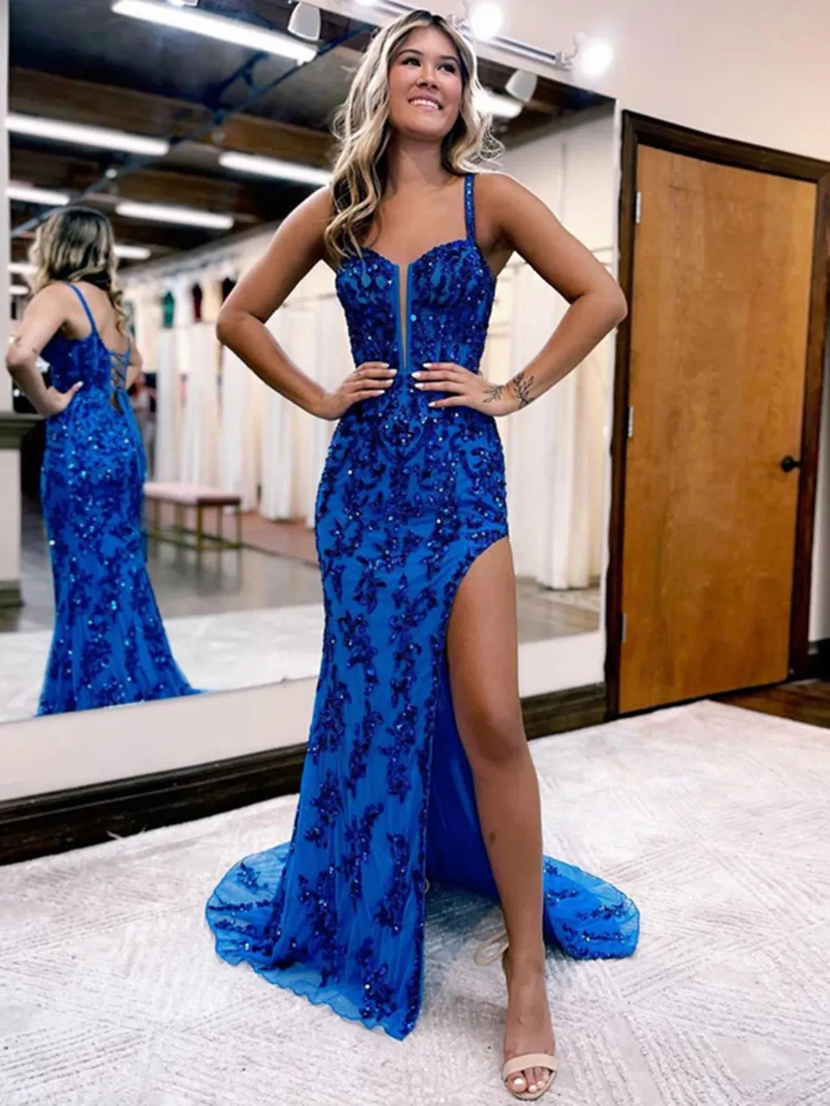 Beautiful Blue Mermaid Straps Long Party Dress with Lace-up, Blue Formal Dress